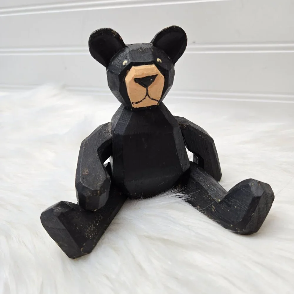 Carved Wood Teddy Black Bear 6” Legs and Arms Move Cabin Woods Poseable Sitting - Picture 3 of 10